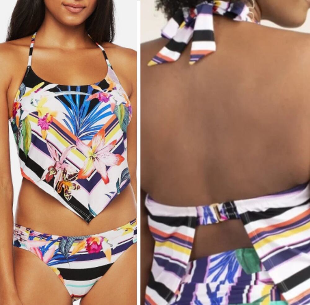 Trina Turk EUC! Treasure Cove Tropical-Print Halter Tankini Swim Top 20W Plus